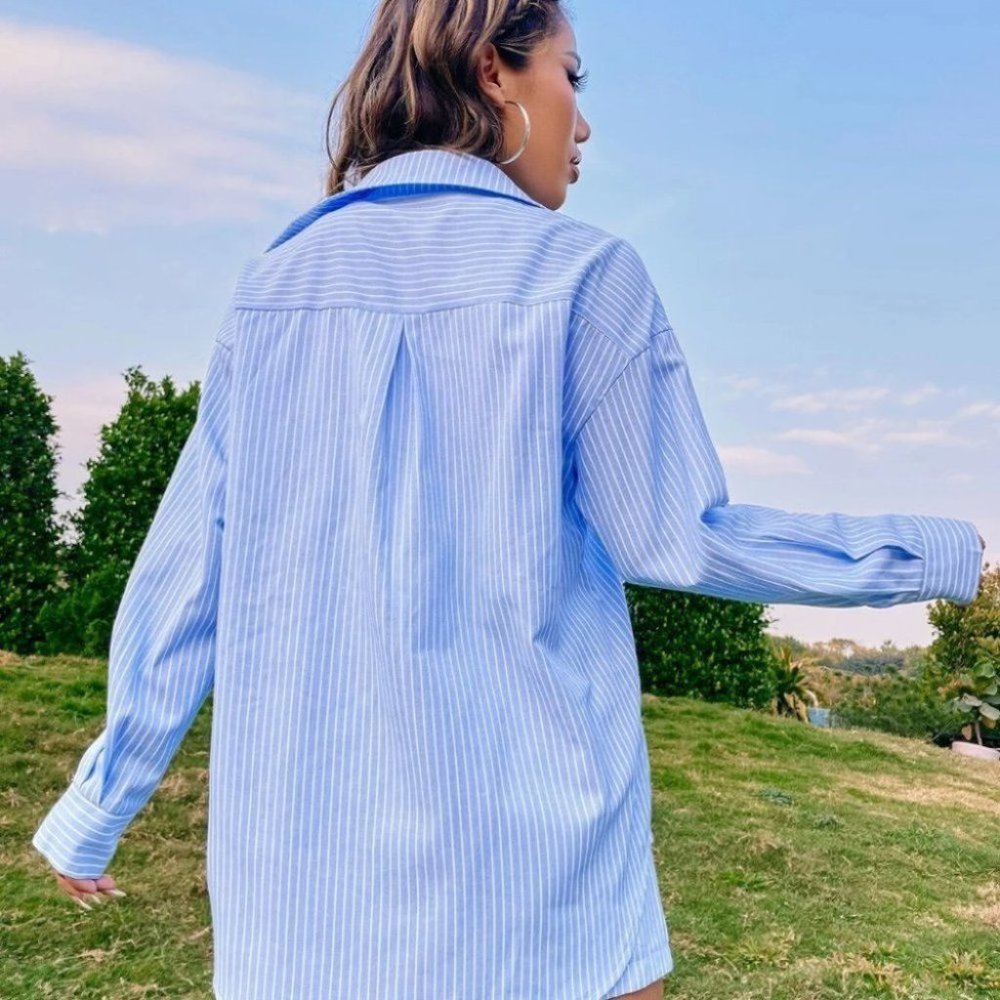 BLUE STRIPED BLOUSE AND SHORTS SET SUMMER STREETWEAR - Picture 6 of 8